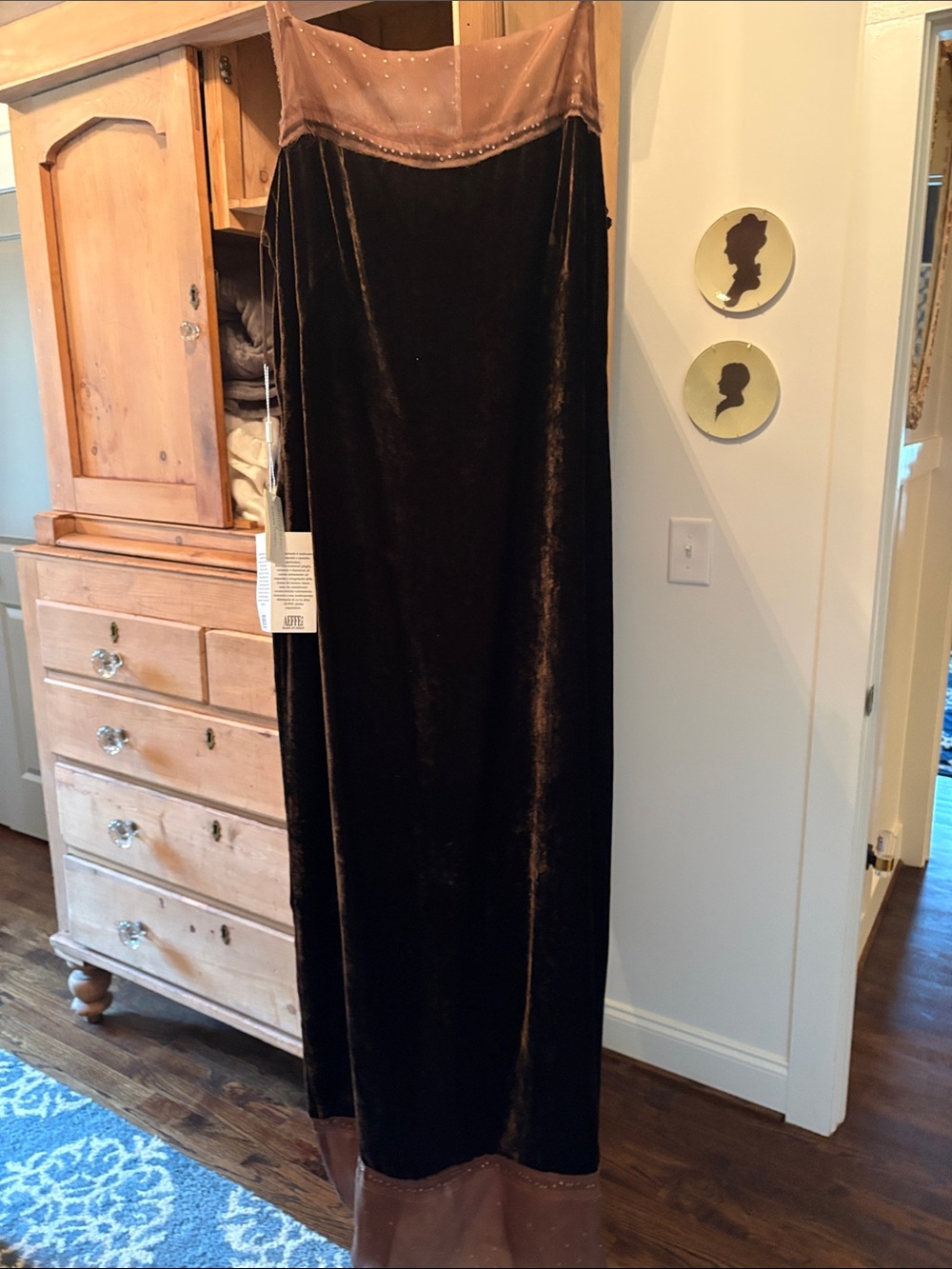 Philosophy Chocolate Brown Velvet Maxi Dress with Taupe Accents